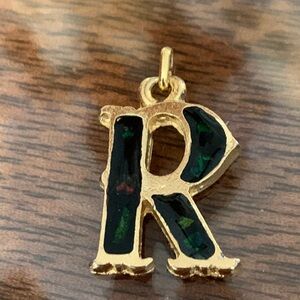 Gold and Black Initial Letter R Necklace Pendant Charm Monogram Ornament